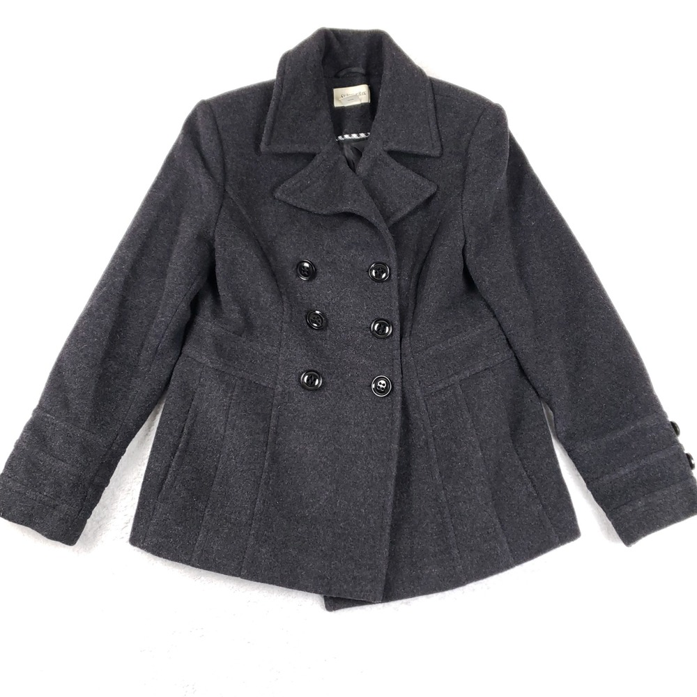 St Johns Bay Womens Charcoal Gray Wool Cashmere Blend Double Breasted Peacoat S